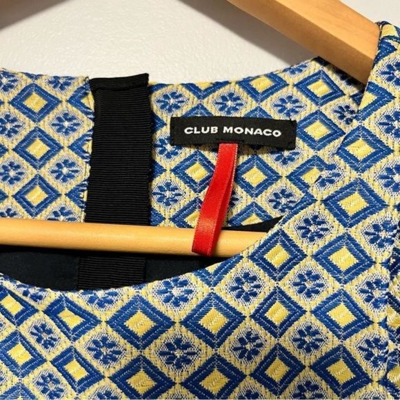 Club Monaco Textured diamond print blue yellow shift dress Short sleeves size 6 - Picture 7 of 12